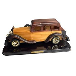 A & G Collection Wooden Car Model And Stand Light Tan, Brown Wood, Gold Tire Rim
